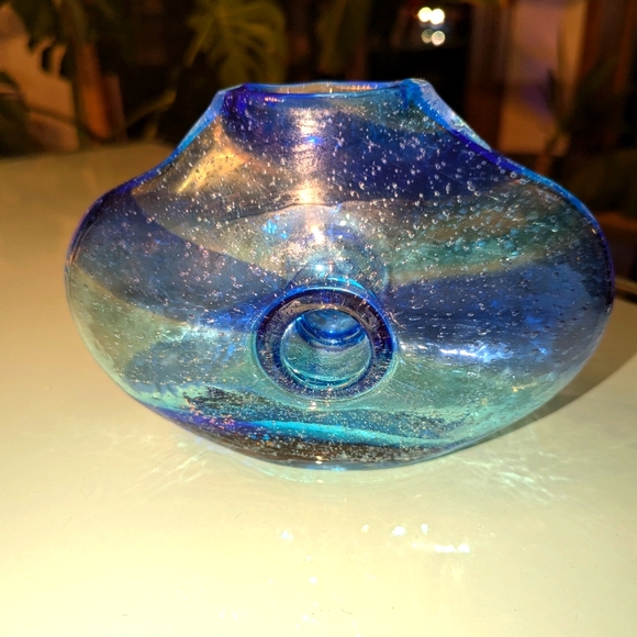 Margie's Garden Hand Blown Art Glass Donut Vase Collectible Controlled Bubbles - Picture 2 of 10